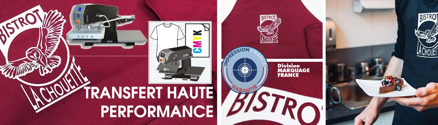 Personnalisation textile par transfert haute performance, marquage durable et précis imprimé en France avec le label Impression France Garantie.