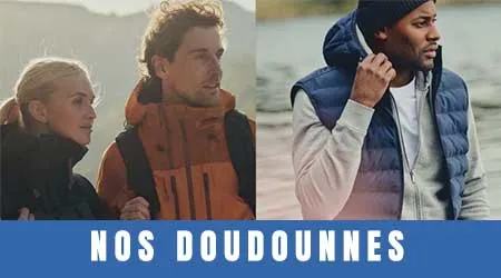 Doudounes personnalisables portées par des hommes et des femmes en extérieur