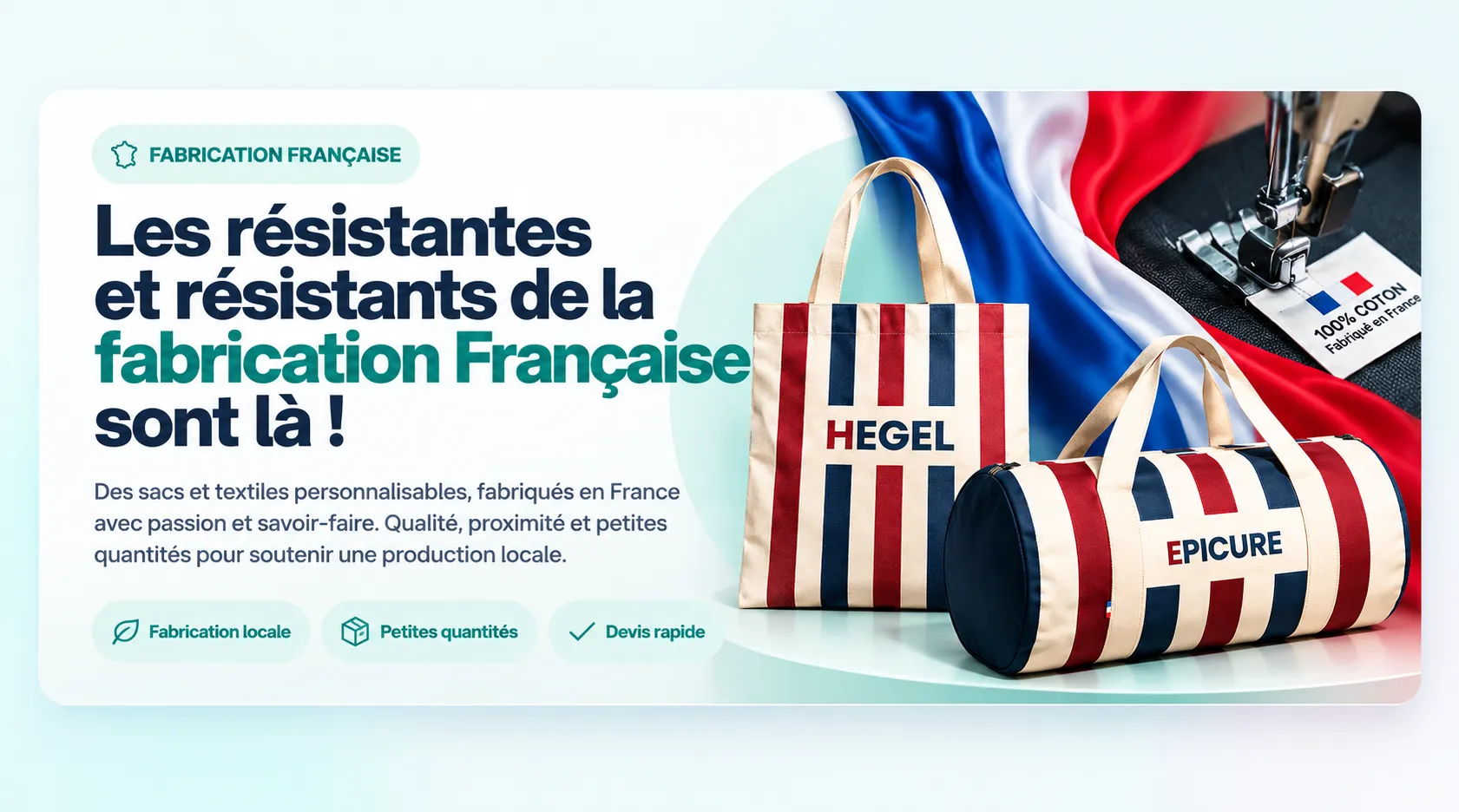Sacs personnalisés fabriqués en France, tote bag et sac polochon en coton aux couleurs françaises.
