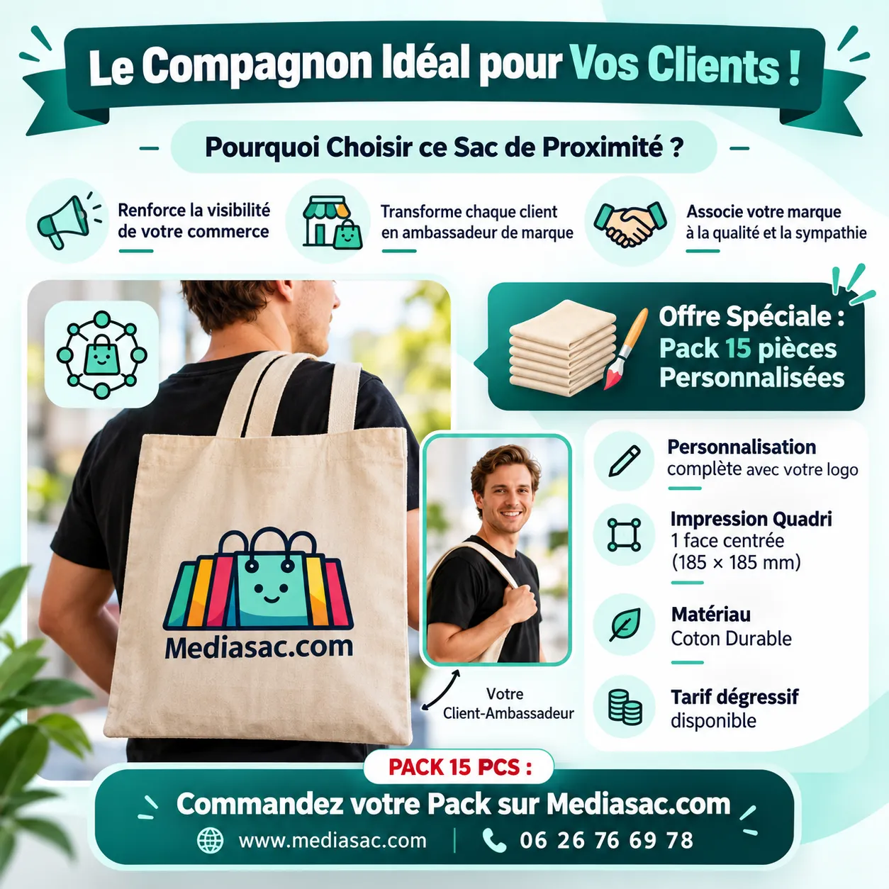 Sac cabas personnalisé en coton avec logo, présenté comme support publicitaire pour fidéliser les clients d’un commerce.