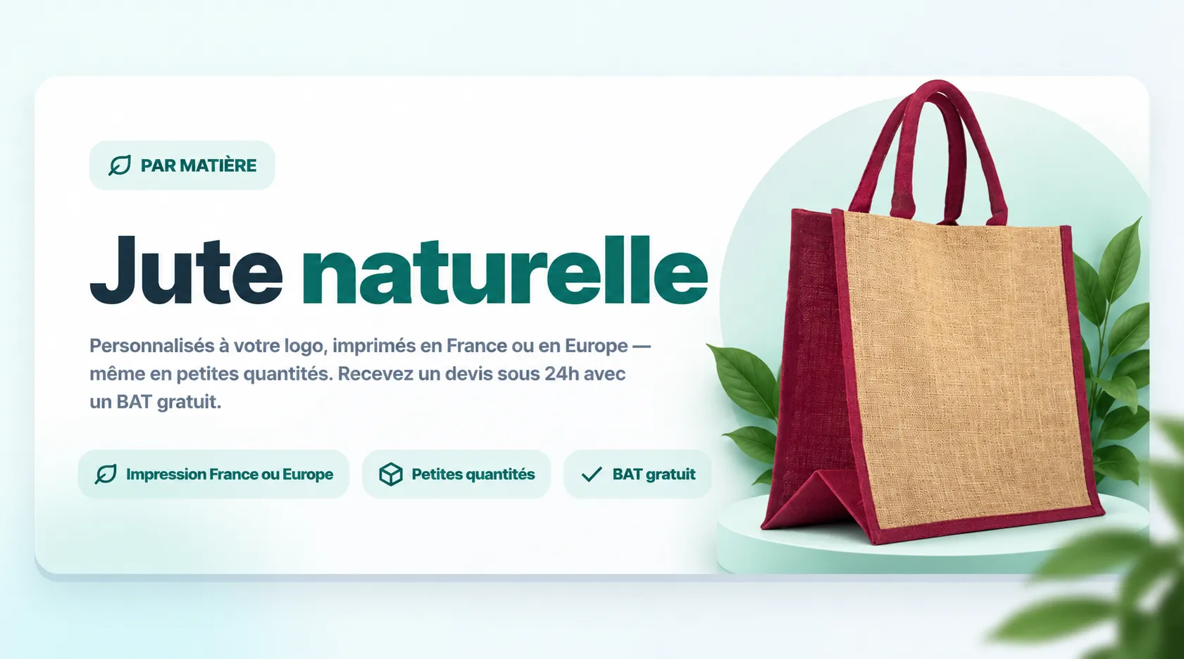 Sac en jute naturel personnalisé avec anses colorées, idéal comme sac publicitaire écologique et réutilisable.