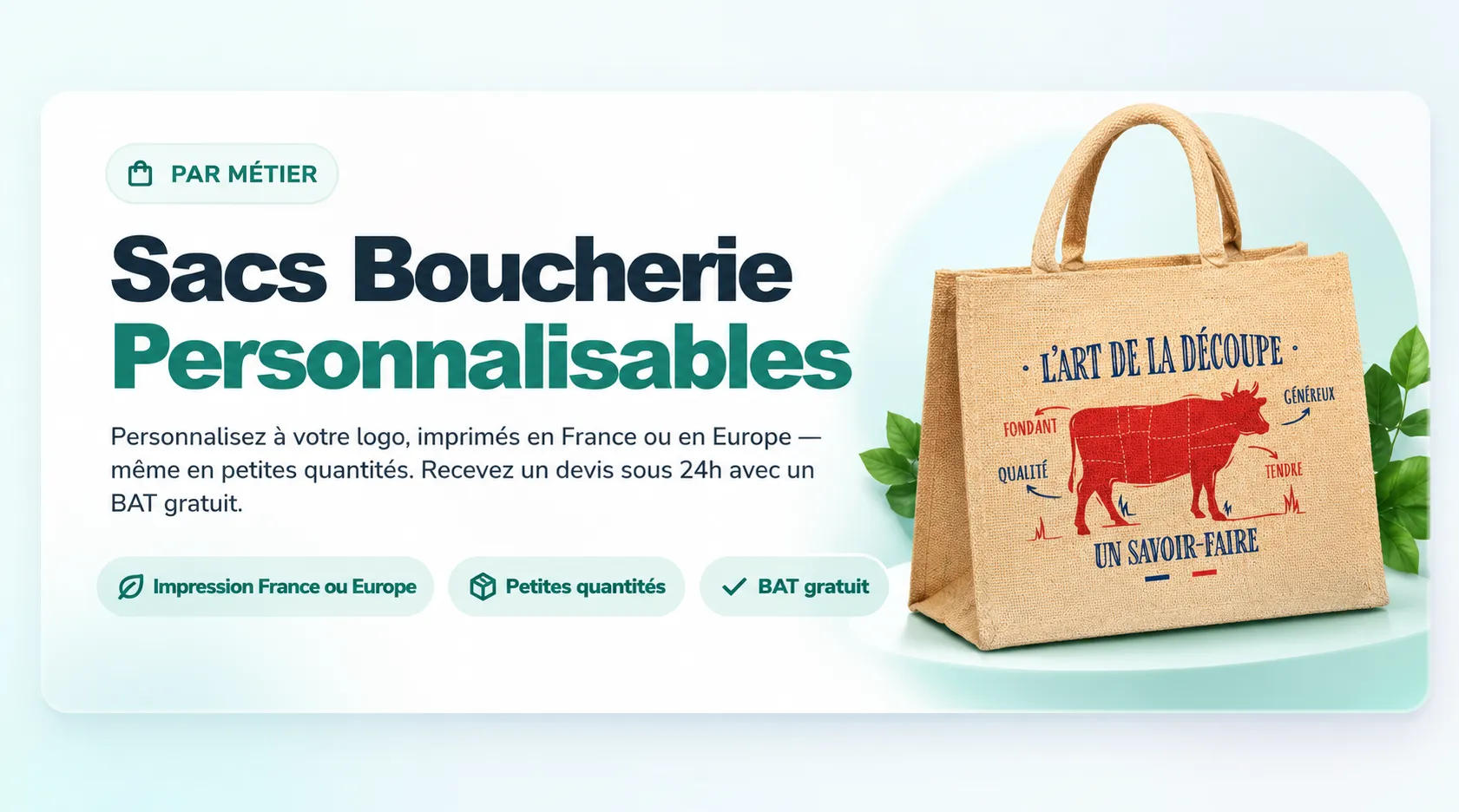 Sac de boucherie personnalisé en jute avec logo et impression, destiné aux boucheries, artisans bouchers et commerces alimentaires.