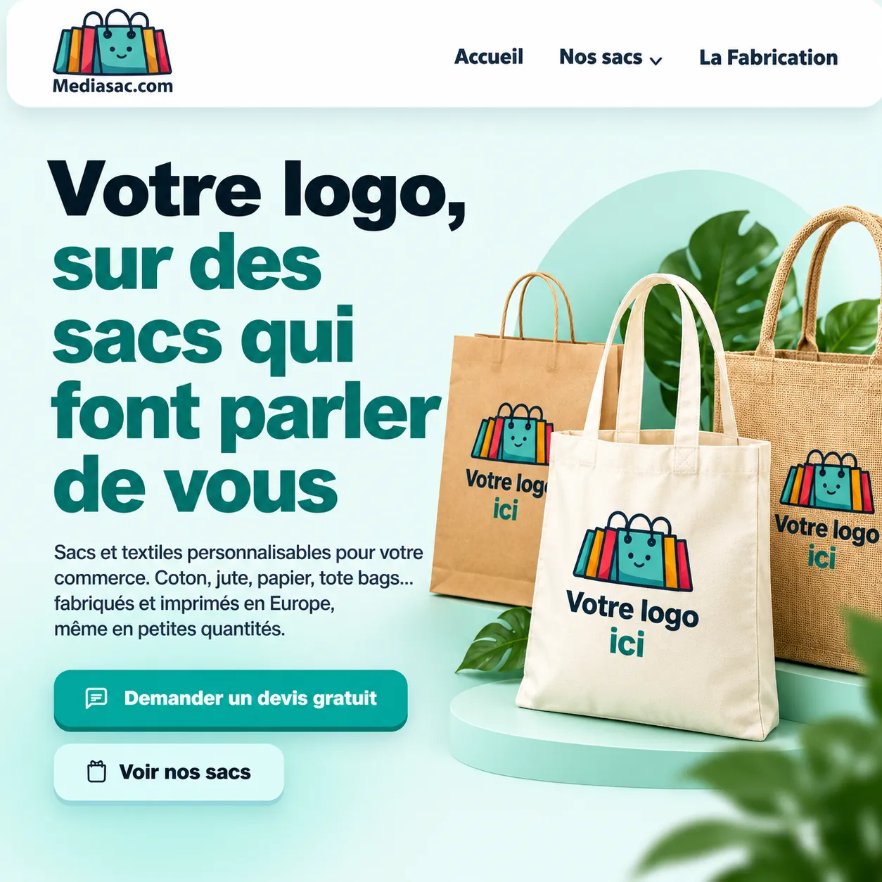 Sacs personnalisés avec logo pour professionnels : tote bag coton, sac papier et sac en jute imprimés en Europe.