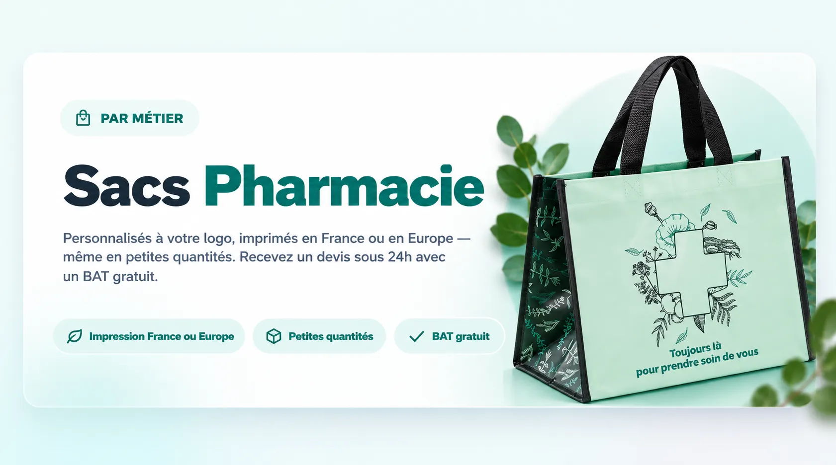 Sac pharmacie personnalisé avec logo et croix, imprimé en France ou en Europe pour pharmacies et professionnels de santé.